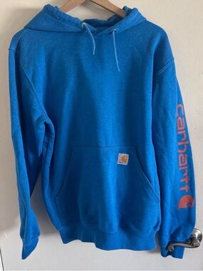 Carhartt Bright Blue Hoodie with Orange Sleeve Logo
